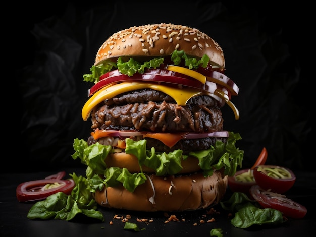 A double cheeseburger with lettuce, tomato, and onion rings on top.