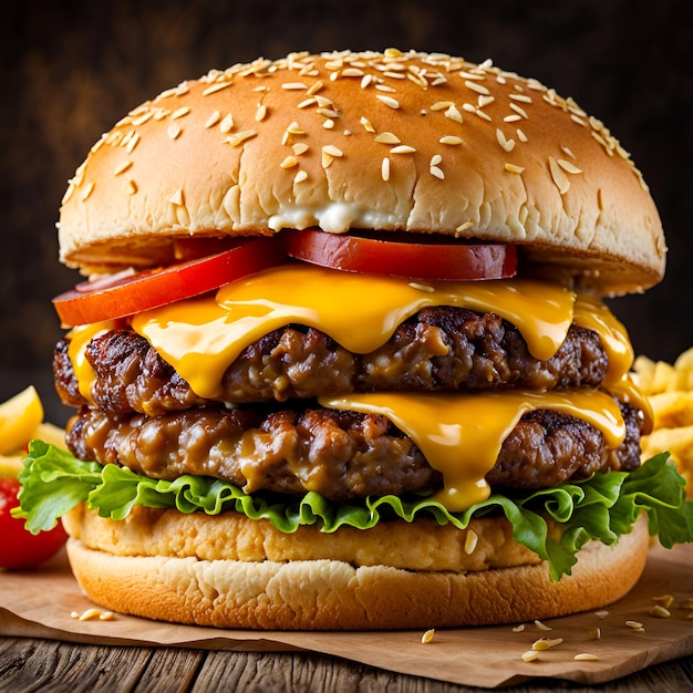 Double cheeseburger with melted cheese lettuce tomato and sesame seed bun on a wooden table