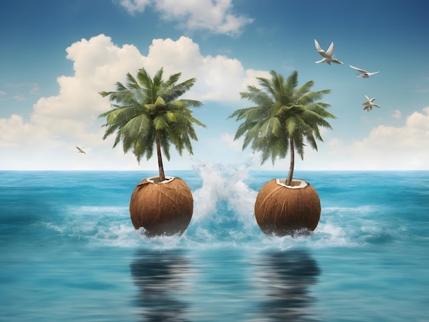 Photo double coconut with flying tree the sea natural background