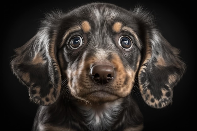 Double dapple Dachshund puppy with wide eyes displays astonishment and intimidation