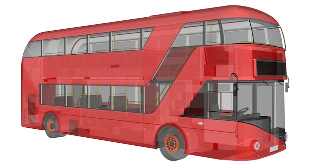 A double-decker bus, a translucent casing under which many interior elements and internal bus parts are visible. 3d rendering.