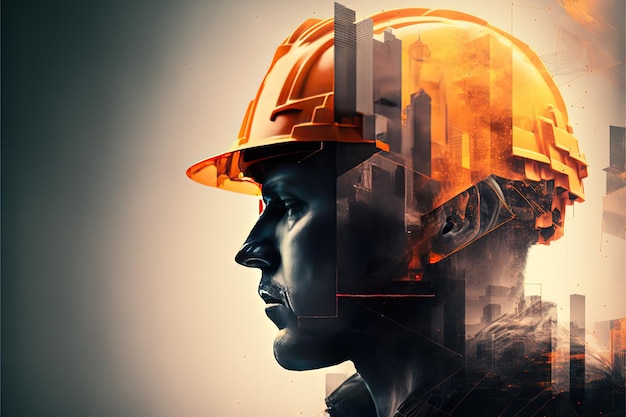 Double eposure of construction worker and a construction site buildings and architecture concept Generative Ai