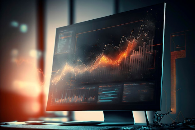 Double exposure of abstract creative financial chart on modern laptop background research and strategy concept Created with Generative AI technology