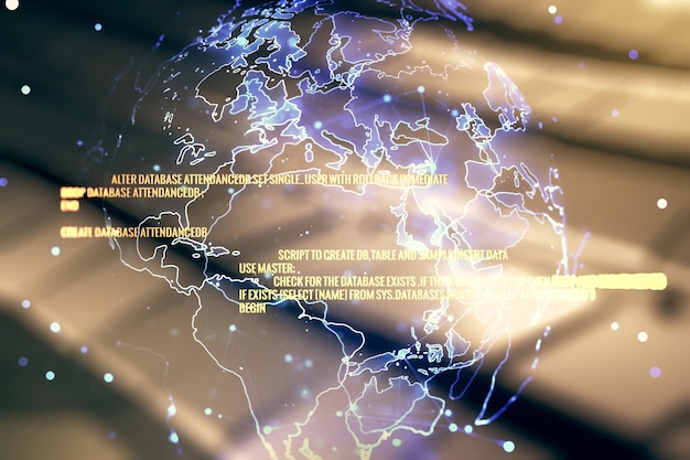 Double exposure of abstract creative programming illustration and world map on shiny metal background big data and blockchain concept