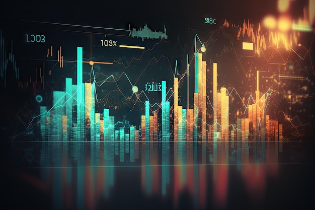 Double exposure of abstract financial market on dark background economic and investment concept