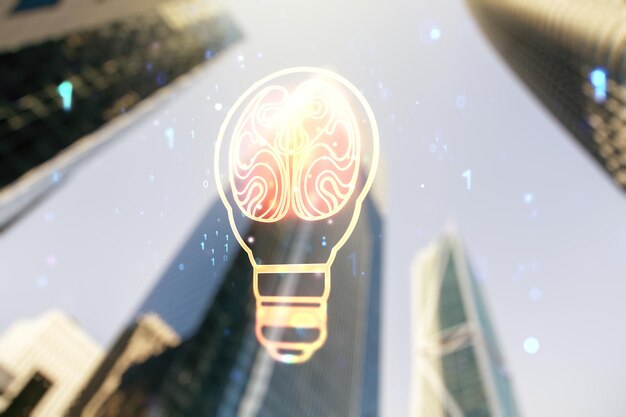 Double exposure of abstract virtual creative light bulb hologram with human brain on modern skyscrapers background idea and brainstorming concept