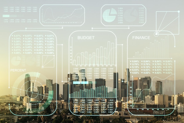 Double exposure of abstract virtual statistics data hologram on Los Angeles city skyscrapers background statistics and analytics concept