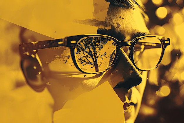 Double exposure abstraction with reading glasses on blurry background of yellow wall