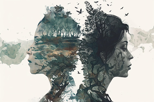 Double exposure of an adult reconciling with herself