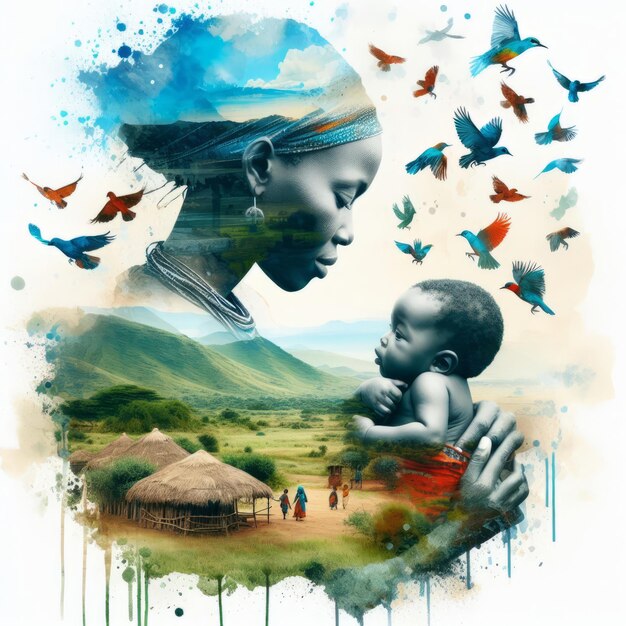 Double exposure of African mother holding baby with curtural