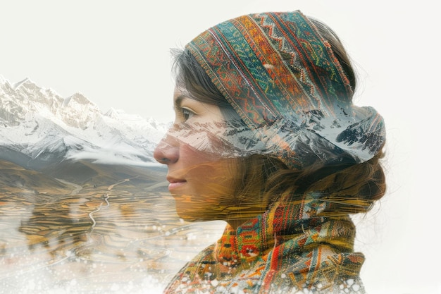 Photo double exposure of andean woman with majestic andes mountains at sunset