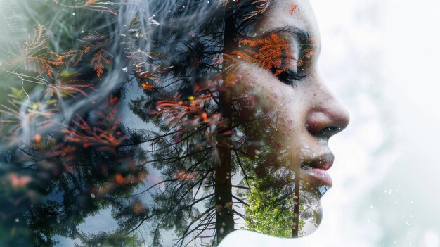 Photo double exposure art womans profile with nature elements highlighting tranquility and environmental harmony