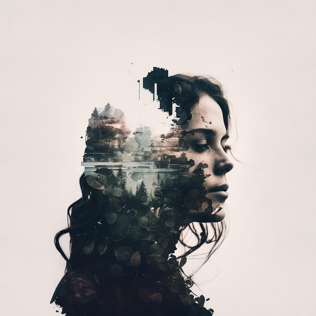 Photo double exposure attractive young woman and music