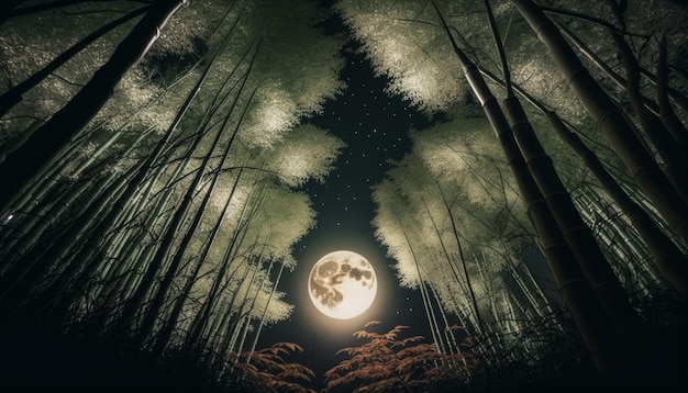 Photo double exposure of bamboo forest and full moon in the night sky generative ai