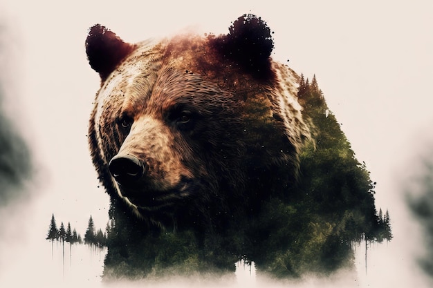 Double exposure of a bear portrait