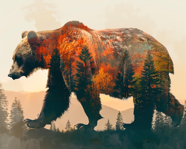 Double exposure of a bear walking amidst a forest with autumn foliage and mountains in background