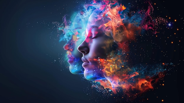 Double exposure beautiful woman with a explosion colorful paint splash