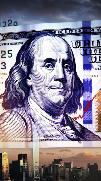 Double exposure of benjamin franklin face on usd banknote with stock market chart graph and citysca