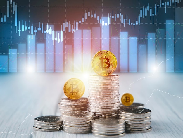 Double exposure of Bitcoin digital growth futuristic business chart stock market financial Financial growth concept with golden Bitcoins ladder on forex chart background