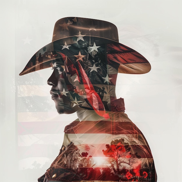 Double exposure of a black cowboy and american flag