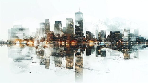 Double exposure of Boston skyline reflecting on water with a white background