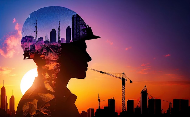 Double exposure of builder silhouette and construction works poster design made with Generative AI