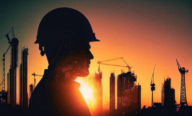 Double exposure of builder silhouette and construction works poster design made with Generative AI