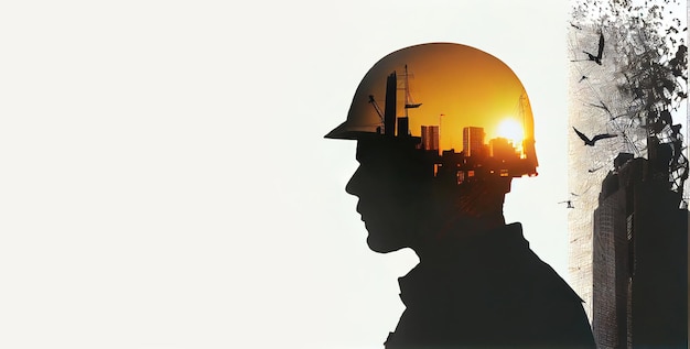 Double exposure of builder silhouette and construction works poster design made with Generative AI