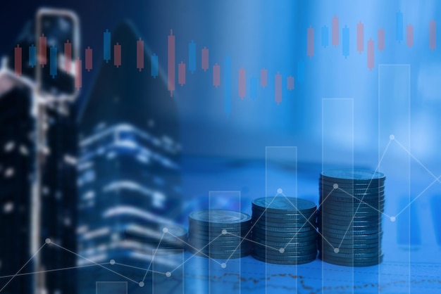 Double exposure of building graph and coins in the jar glass for finance and business concept and an arrow icon showing upward pointing trades profits and interest are rising