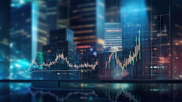 Double exposure of business financial investment and graph with city background Generative Ai