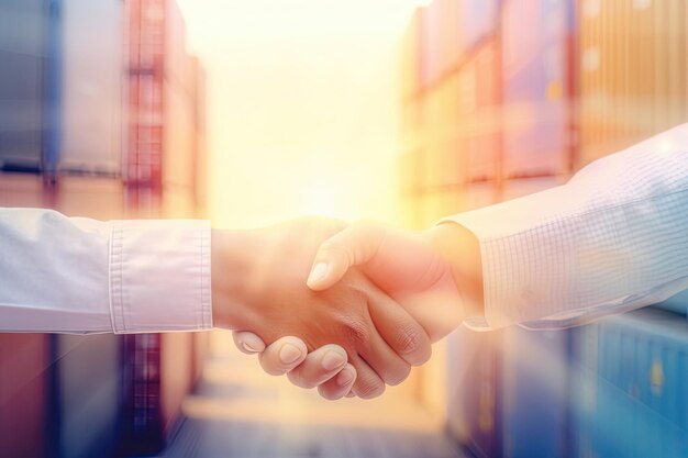 Double exposure of business man handshake with building background