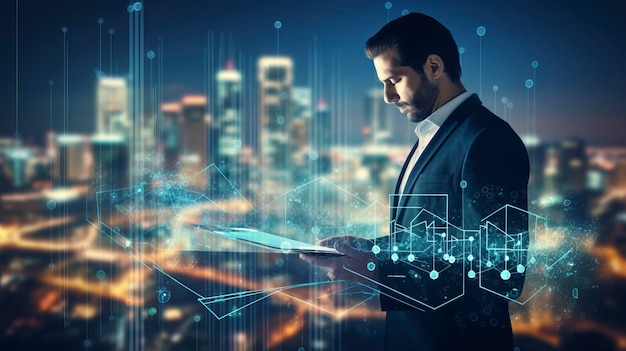 Double exposure business man using tablet on futuristic network connect city technology background