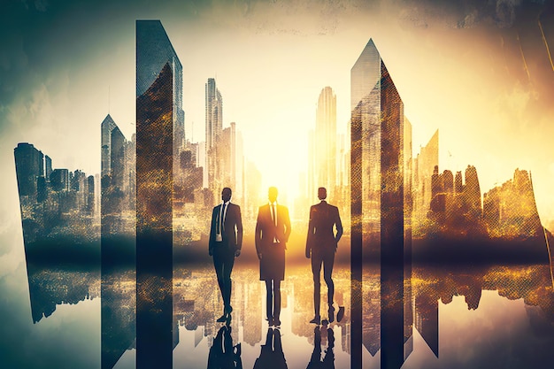 Double exposure of business teamwork over cityscape background