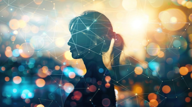 Double exposure of a business woman showing technology and networking elements