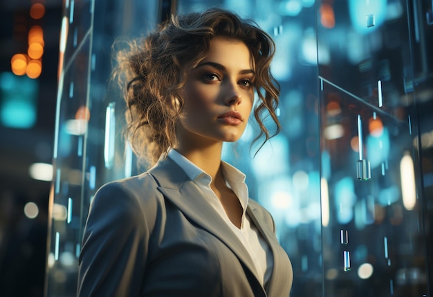 A Double Exposure of a Business women in the Cityscape Embodies Success and Future Plans realistic