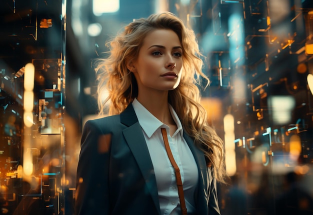 A Double Exposure of a Business women in the Cityscape Embodies Success and Future Plans realistic