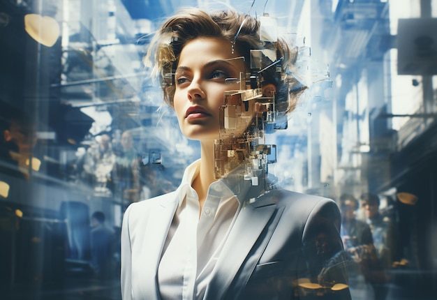 A Double Exposure of a Business women in the Cityscape Embodies Success and Future Plans realistic