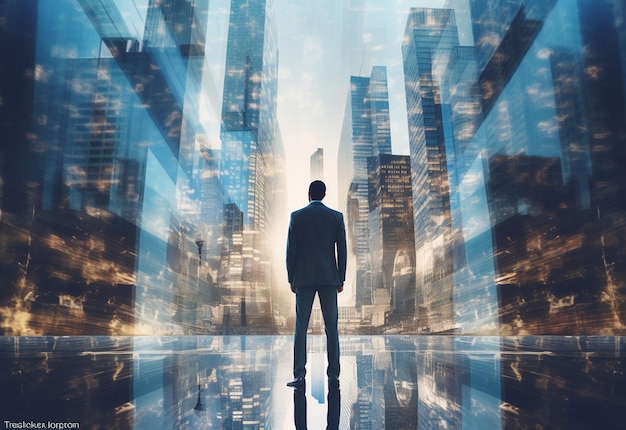 A Double Exposure of a Businessman in the Cityscape Embodies Success and Future Plans