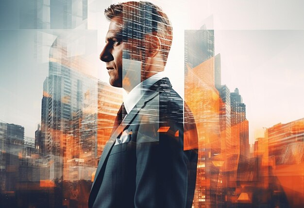 A Double Exposure of a Businessman in the Cityscape Embodies Success and Future Plans