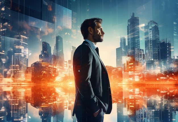 A Double Exposure of a Businessman in the Cityscape Embodies Success and Future Plans