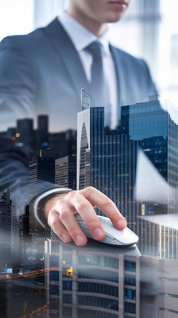 Double exposure of businessman using computer mouse financial buildings