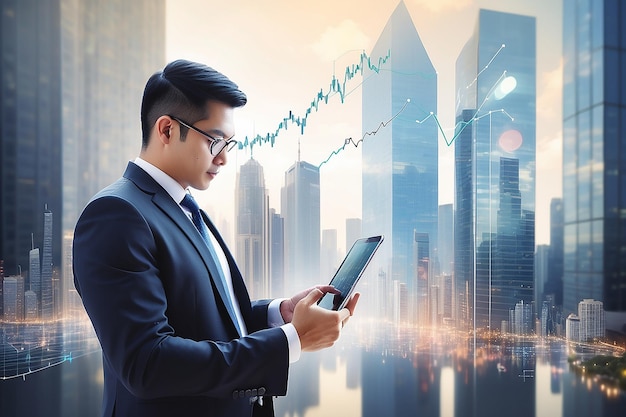 Double exposure of businessman using the tablet with cityscape