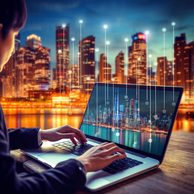 Double exposure of businesswoman working with computer on wooden desk with cityscape background