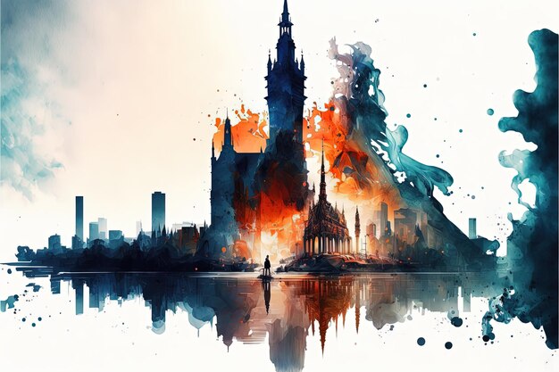 Double exposure of a city panorama and colorful ink paint splashes Generative Ai