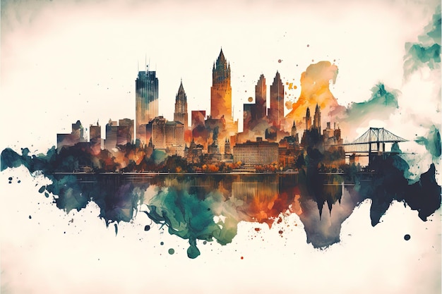 Double exposure of a city panorama and colorful ink paint splashes Generative Ai