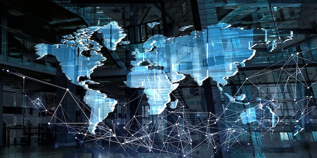 Double exposure of cityscape and financial graph chart, network on blurred building background. Global financial markets concept. Mixed media