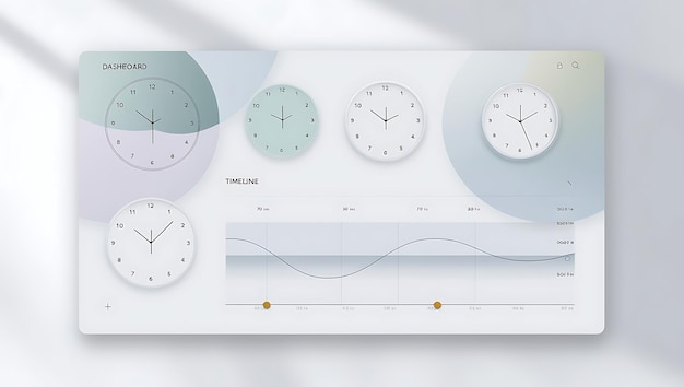 Photo double exposure of a clock and professional workspace with blurred neon background and subtle networkconnected elements representing time management focus and efficiency