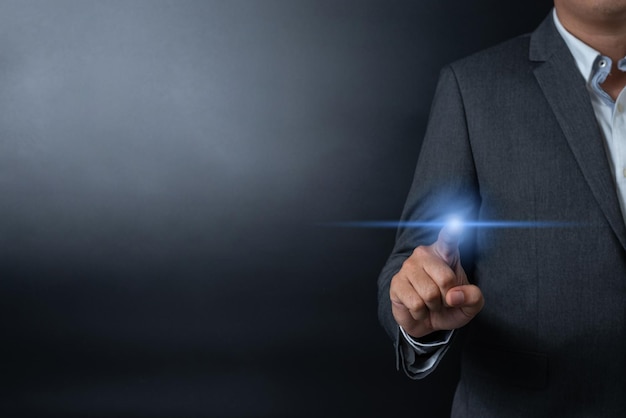 Double exposure of close up businessman pushing touching on black and gray background