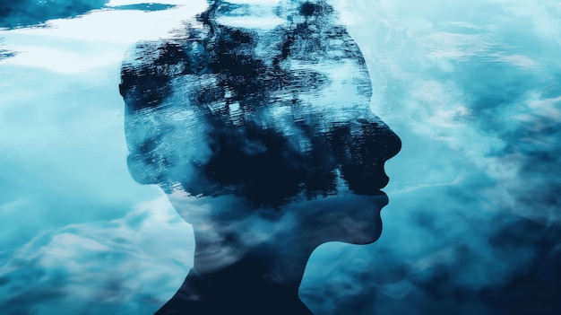 Photo double exposure concept image of a womans silhouette and tranquil water