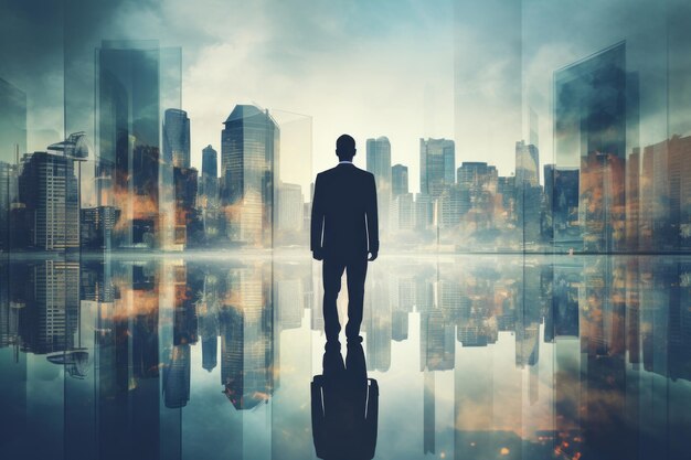 Double exposure concept with businessman and city AI Generated